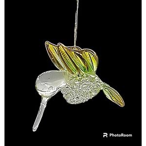 Vintage Clear Glass Hand Blown Hummingbird Yellow Green Wings Ornament